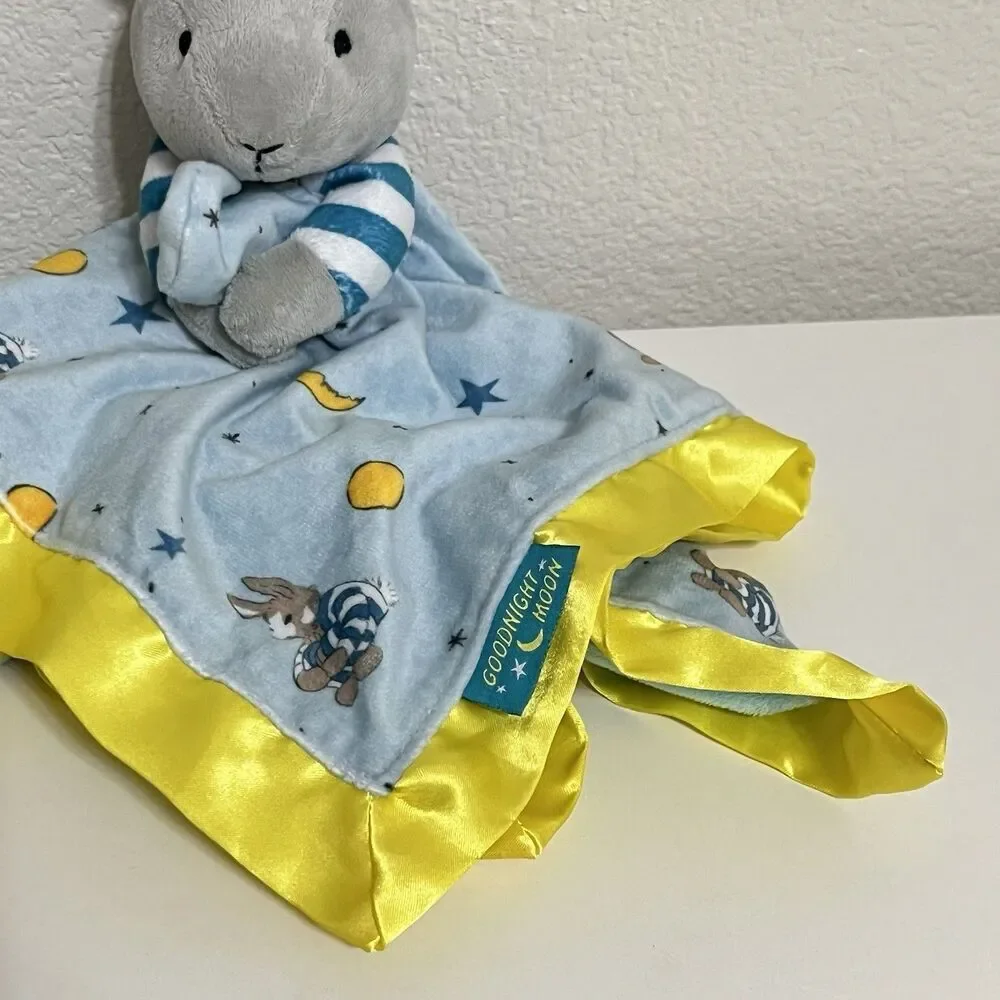 Goodnight Moon Bunny Security Blanket Lovey Lovie Blankie Blue Satin Trim